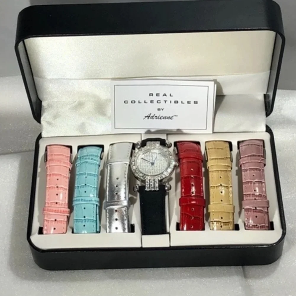 REAL COLLECTIBLES BY ADRIENNE WATCH SET CRYSTAL BEZEL & 7 COLORFUL BANDS - NIB